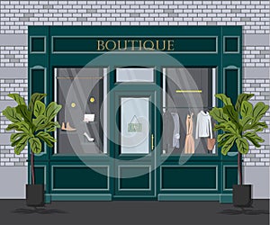 Graphic vector facade vintage boutique. Detailed Illustration of a clothes shop in a flat style. Retail storefront