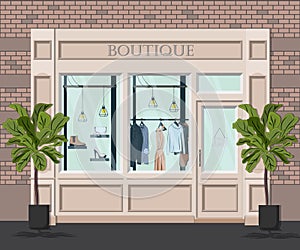 Graphic vector facade vintage boutique. Detailed Illustration of a clothes shop in a flat style. Retail storefront. European fashi