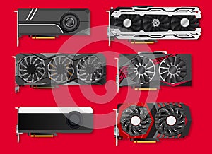 Graphic video cards gpu set detailed vector illustrations