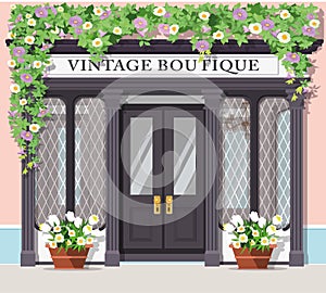 Graphic vintage boutique. Detailed stylish shop. Storefront. Flat style. photo