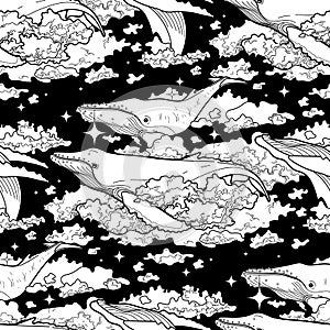 Graphic whales flying in the sky