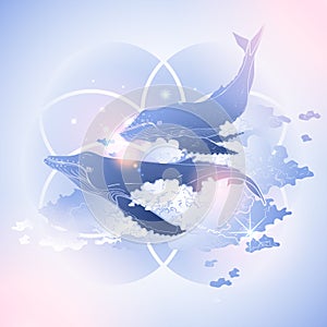 Graphic whales flying in the sky