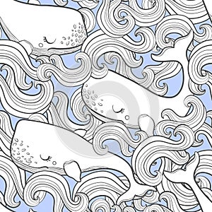 Graphic whales flying in the sky. Sea and ocean creatures. Vector fantasy seamless pattern. Coloring book page design for adults a