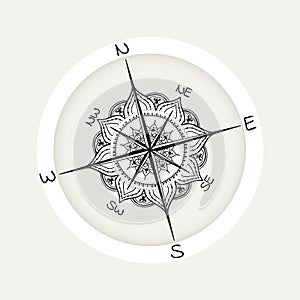 Graphic wind rose compass drawn with floral elements