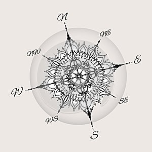 Graphic wind rose compass drawn with floral elements