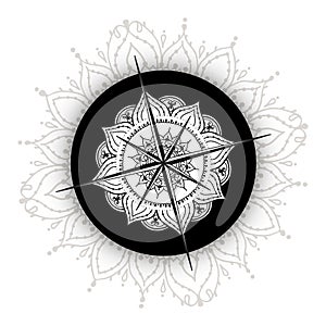 Graphic wind rose compass drawn with floral elements