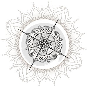 Graphic wind rose compass drawn with floral elements