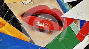 Graphic of woman\'s red lips surrounded by collage of colorful paper cutouts photo