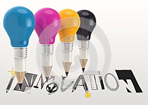 graphic word INNOVATION and 3d pencil light bulb