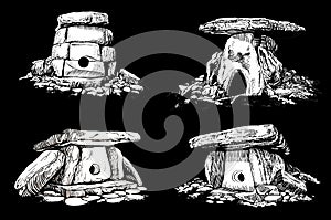 Graphical 3D set of dolmens on black background, vector elements