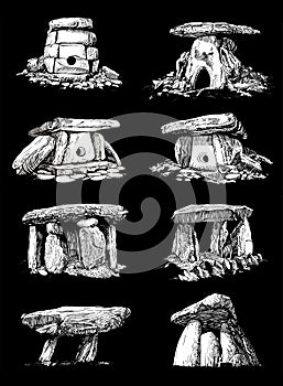 Graphical big 3D set of dolmens on black background, vector elements