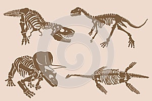 Graphical big vintage set of dinosaurs on sepia background, vector illustration.Fossils