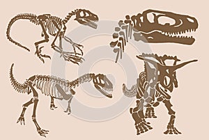 Graphical big vintage set of dinosaurs on sepia background, vector illustration.Fossils