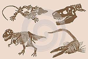 Graphical big vintage set of dinosaurs on sepia background, vector illustration.Fossils