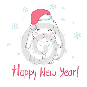 Graphical bunny in Santa Claus hat isolated on white background,vector New Year illustration