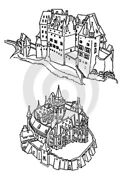 Graphical castles of Germany, graphical sketch of Wernigerode and Eltz Castle on white background