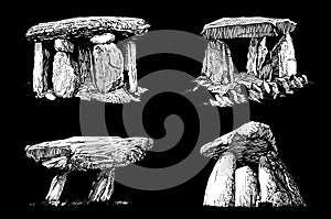 Graphical 3D set of dolmens on black background, vector elements