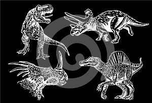 Graphical hand-drawn set of dinosaurs isolated on black,vector