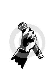 Graphical hand holding microphone on white background, vector illustration.