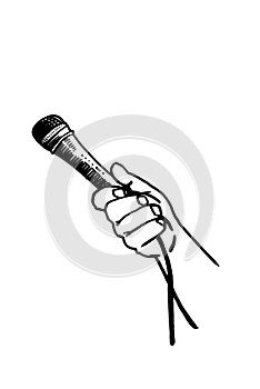 Graphical hand holding microphone on white background, vector illustration.