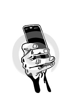 Graphical hand holding smartphone , vector illustration. Ink pen drawing, technology