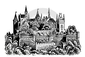 Graphical Hohenzollern castle isolated on white,vector illustration, architecture of Germany