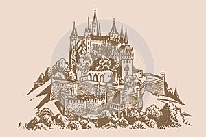 Graphical Hohenzollern castle on sepia background,vector illustration, architecture of Germany