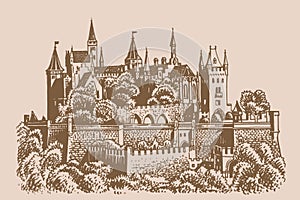 Graphical Hohenzollern castle on sepia background,vector illustration, architecture of Germany