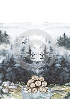 Graphical illustration of a countryside landscape, with vilage and trees. Hand drawn watercolor illustration. Forest blank design