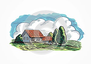 Graphical countryside landscape, with village. photo