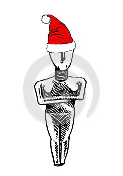 Graphical illustration of idol of the Holy Mother in red Santa Claus hat isolated on white.Religion, paganism