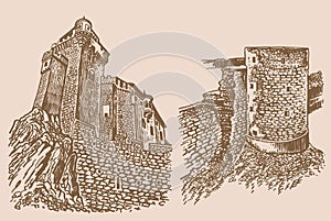 Graphical Liechtenstein castle and Koporye fortress on sepia background,vector vintage illustration