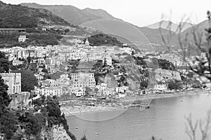 Graphical panoramic view of Vietri sul Mare Town, Amalfi Coast, Italy
