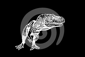 Graphical raptor on black, vector engraved illustration,dinosaur standing