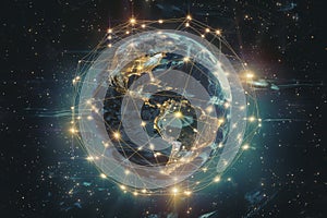 Graphical representation of the globe with bright network lines against the universe, symbolizing world connectivity and data