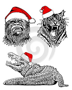 Graphical set of African animals in Santa Claus hats isolated on white background, vector new year illustration