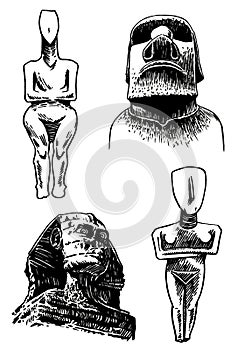 Graphical set of archeological artefacts , sightseeings isolated on white background. Vector moai ,pharaoh ,holy mother
