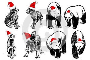 Graphical set of bunnies and bears in Santa Claus hat isolated on white, vector new year illustration