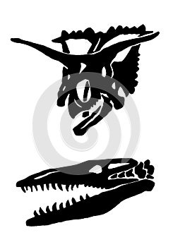 Graphical set of dinosaur skull silhouettes isolated on white background,vector illustration for tattoo and printing