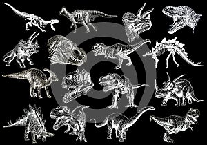 Graphical set of dinosaurs isolated on black background,vector illustration photo