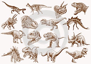 Graphical set of dinosaurs, sepia vector illustration