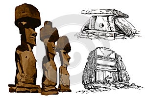 Graphical set of dolmens and moai on white background,jpg illustration,ruins