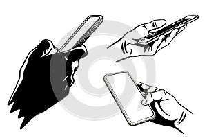 Graphical set with hands holding smartphone , vector illustration. Ink pen drawing, technology . Business icons