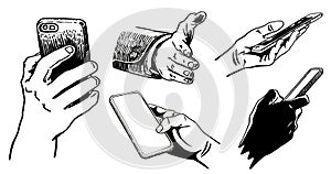 Graphical set with hands holding smartphone , vector illustration. Ink pen drawing, technology . Business icons