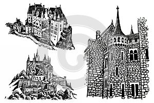 Graphical set of medieval Germany castles isolated on white background, museums . Architecture