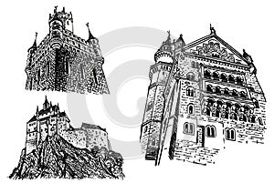 Graphical set of medieval Germany castles isolated on white background, museums . Architecture