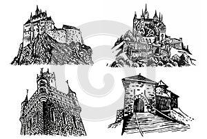 Graphical set of medieval Germany castles isolated on white background, museums . Architecture