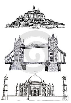Graphical set of sightseeings of architecture isolated on white background,vector elements