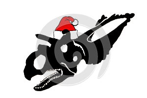 Graphical silhouette of dinosaur skull in Santa Claus red hat ,vector Christmas element