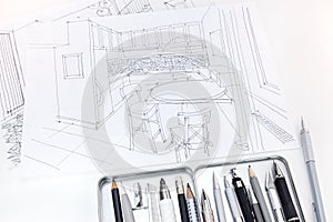 Graphical sketches of modern kitchen interior with drawing tools